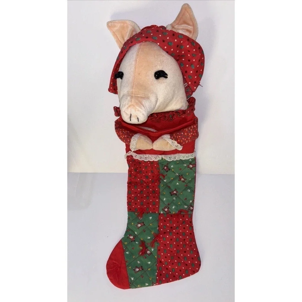 Vintage SMITHY 3D Pig Plush Quilted Christmas Stocking 22